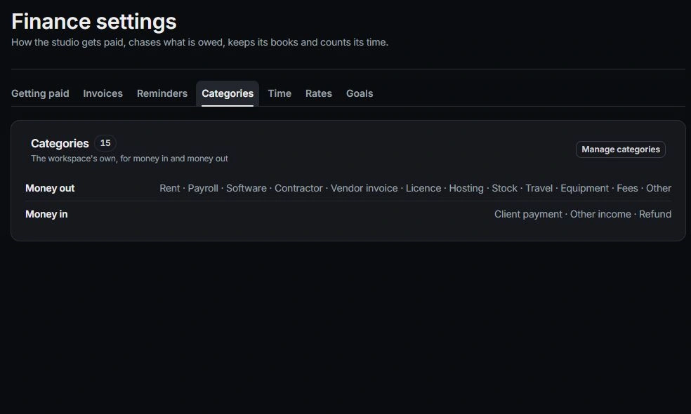 Finance settings tabs and Money in and Money out categories