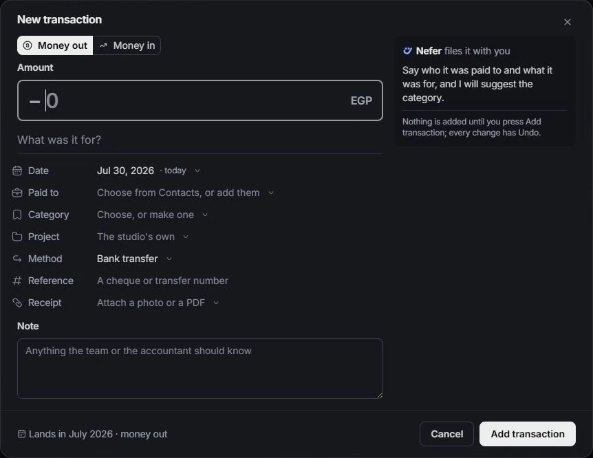 New transaction dialog with money direction, amount and classification fields