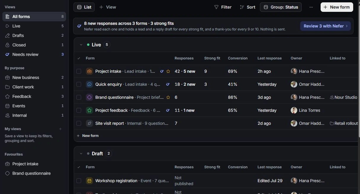 Forms workspace with state views, purposes, response counts and owners