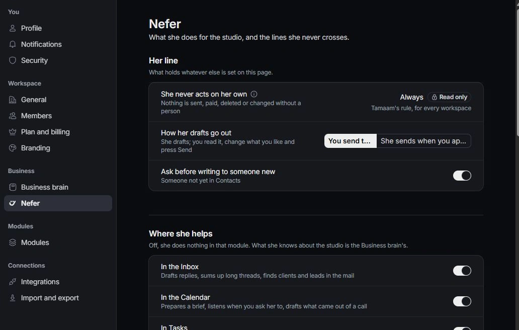 Nefer settings with draft review preferences and module assistance controls