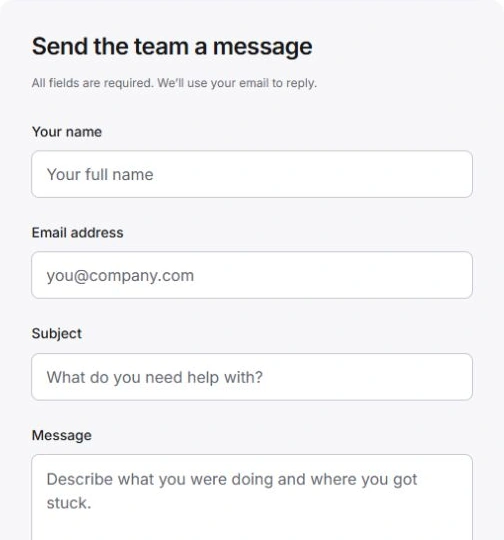 Contact support form with name, reply address, subject and issue description fields