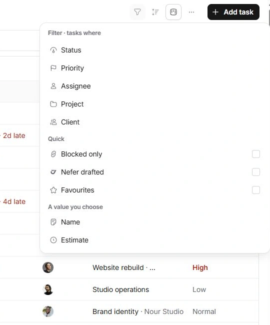 Tasks filter menu with Status, Priority, Assignee, Project, Client and quick filters