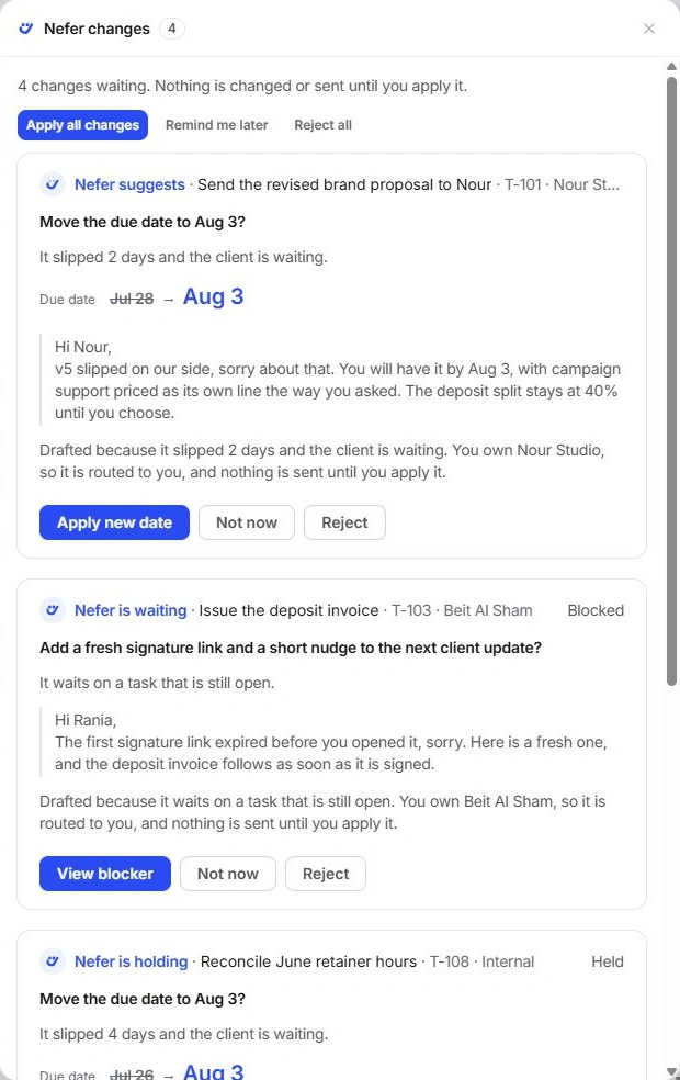 Nefer task review drawer with proposed date changes, blocked suggestions and decision controls