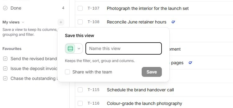 Save this view popover with view name and Share with the team checkbox